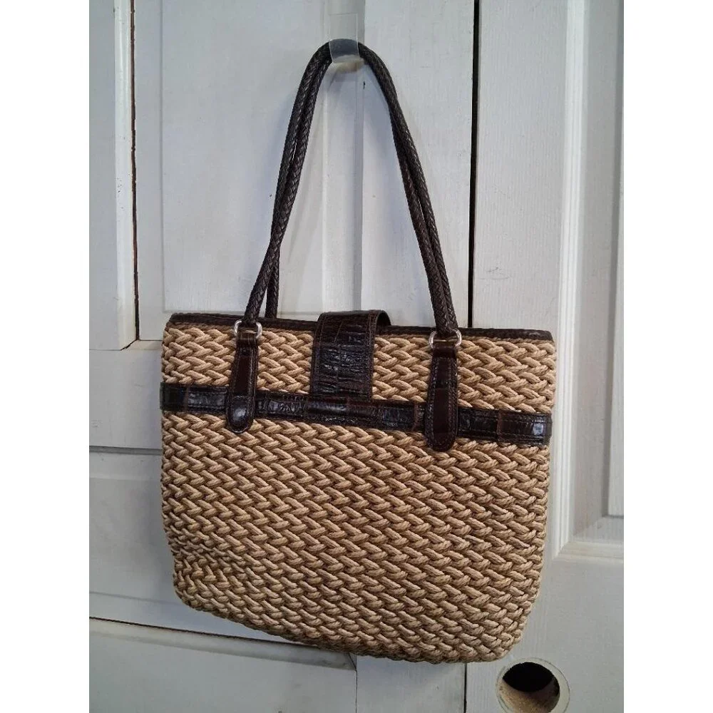 Brighton Woven Kora StrawTote Bag W/Brown Leather Accents/Silver Filigree Buckle